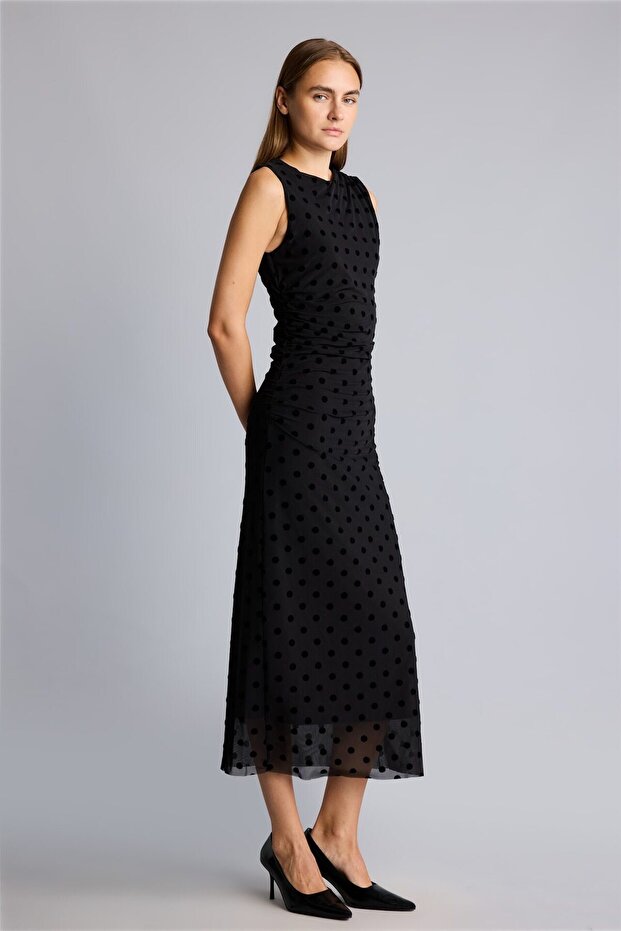 Crew Neck Polka Dot Gathered Tulle Sleeveless Midi Dress I6281Ax26Au