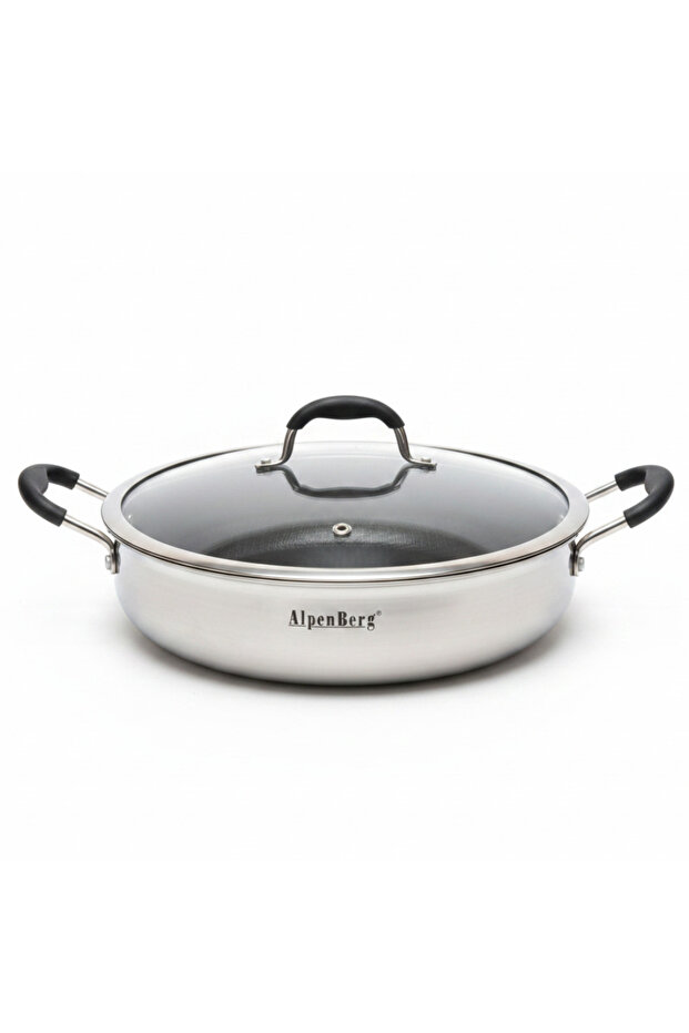 AlpenBerg Silver 3-Ply Stainless Steel Low Casserole with Glass Lid — 4.1 Litre