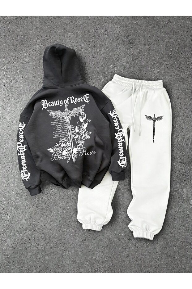 Unisex Men's Women's Beauty of Rose Printed Oversize 3 Thread Hooded Hoodie and Baggy Bottom Sweatpants Set