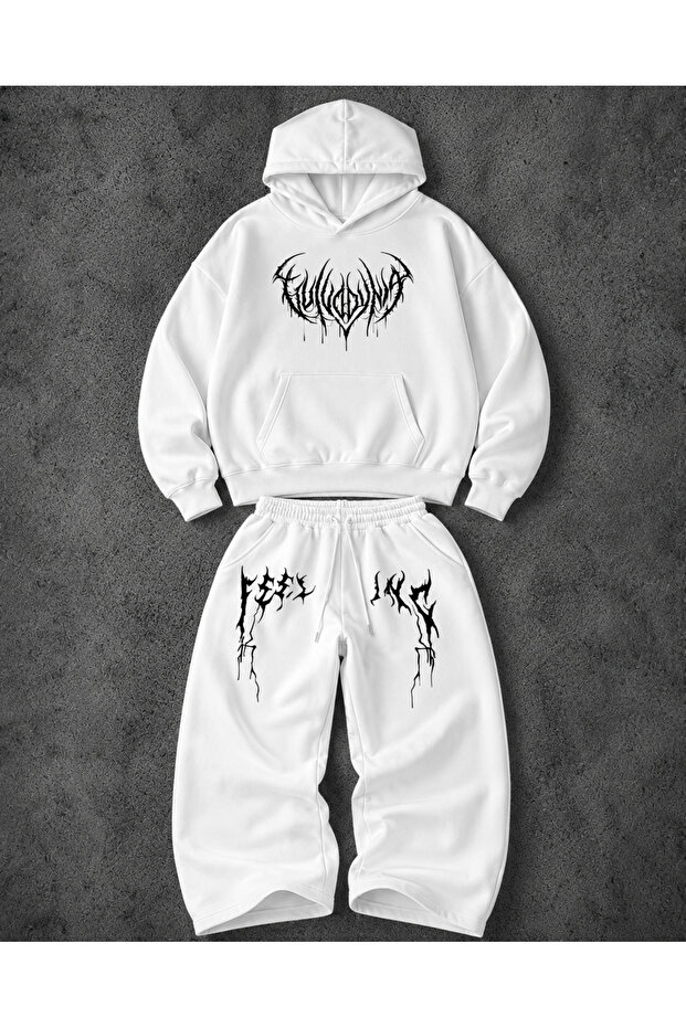 Unisex Men's and Women's Feeling Printed Oversize 3 Thread Hooded Hoodie and Baggy Bottom Sweatpants Set