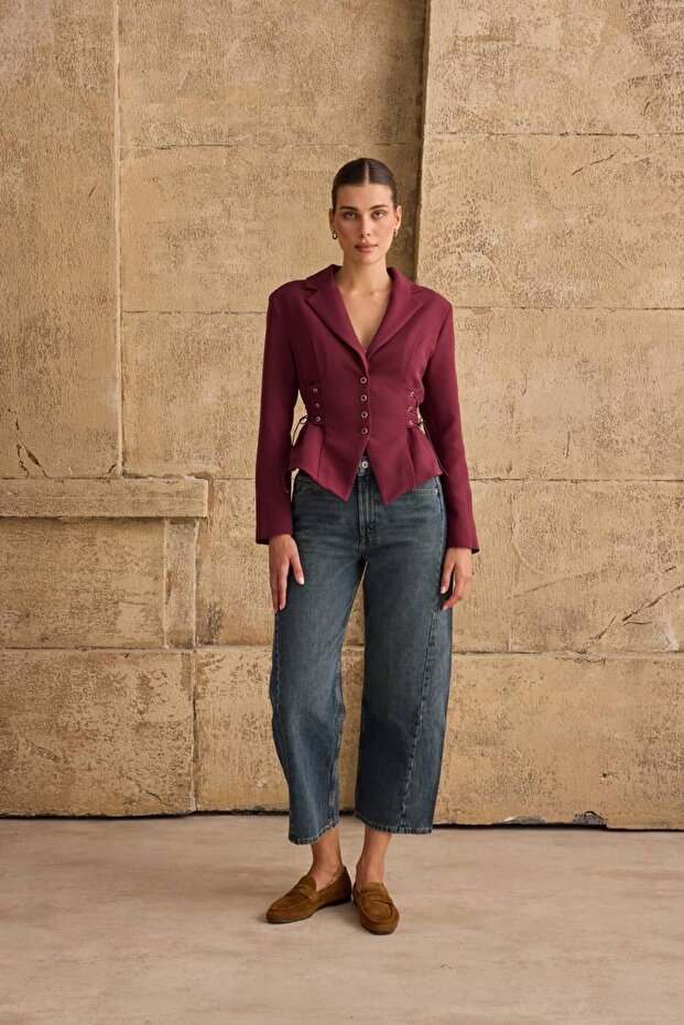 Women's Burgundy Blazer Jacket with Lace-Up Sides and Eyelet Details