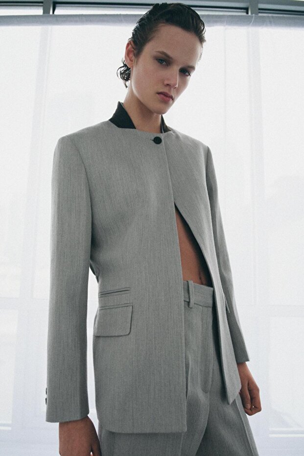 Allbucks Za -Ra Zw Collection Contrast Collar Blazer with Drawstring Waist in Linen Blend Abzra00129