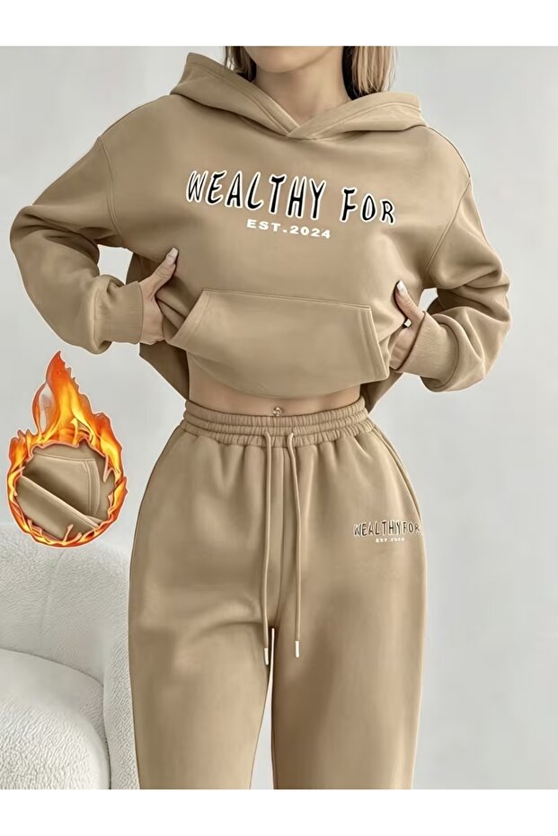 Unisex Men's Women's Healty for Printed Oversize 3 Thread Hooded Baggy Bottom Tracksuit Set