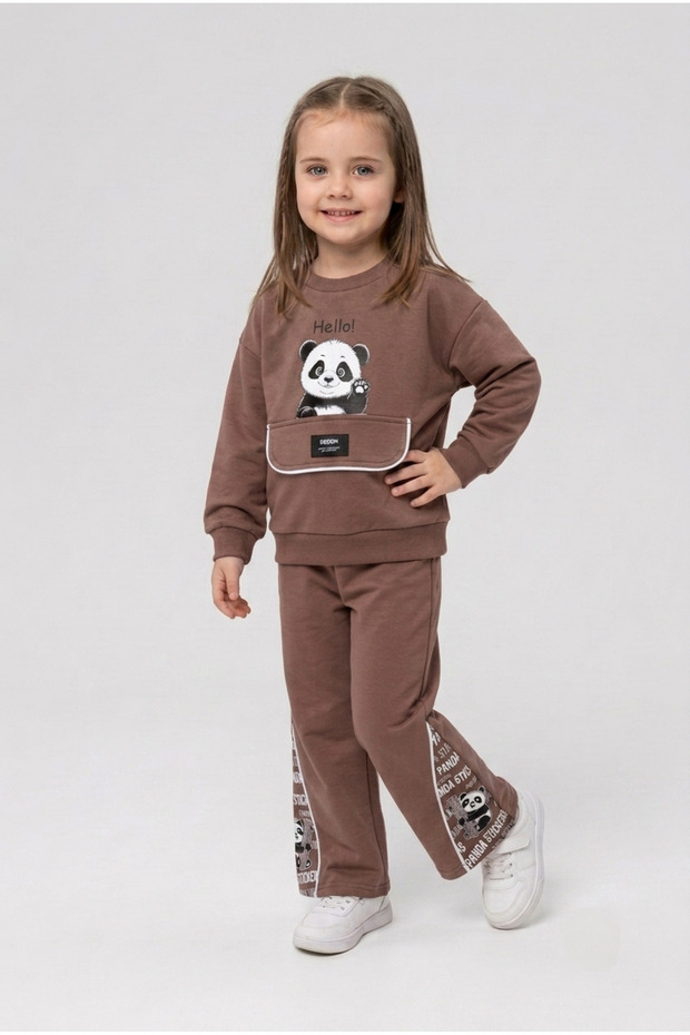 Girl's 2-Strand Combed Cotton Tracksuit Set – Panda Printed Sweatshirt & Wide-Leg Pants – Seasonal for Ages 2-6