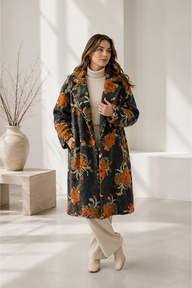 Women's Floral Patterned Felt Coat – Oversized Double-Breasted Collar Winter Long Coat