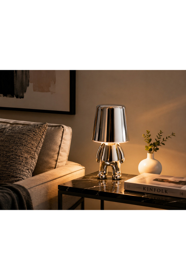 Decorative Figurative Led Table Lamp – Silver Man Design Night Light – Illuminates Nightstands and Tabletops