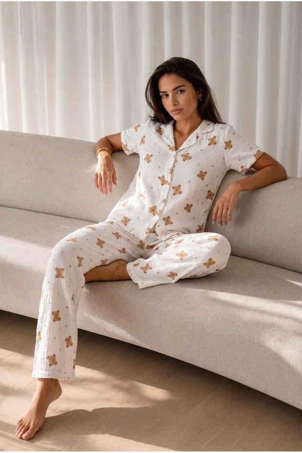 Women's Loose Long-Legged Cotton Off-White Pajama Set