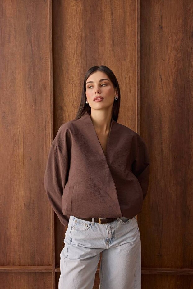 Women's Brown Snap Fastener Zr Bomber Jacket