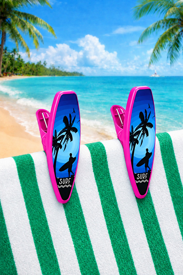 2-Pack Surf Towel Clips - Beach Clips - Carpet Clips - Towel Fixers - Table Clips - Surf Figure Towel Clips - Surf Towel Clips (Fuchsia)