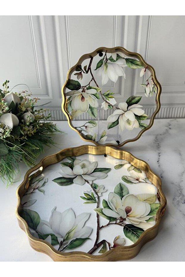 Antique Wood Look Glass Tray Set of 2 Sarissa Green