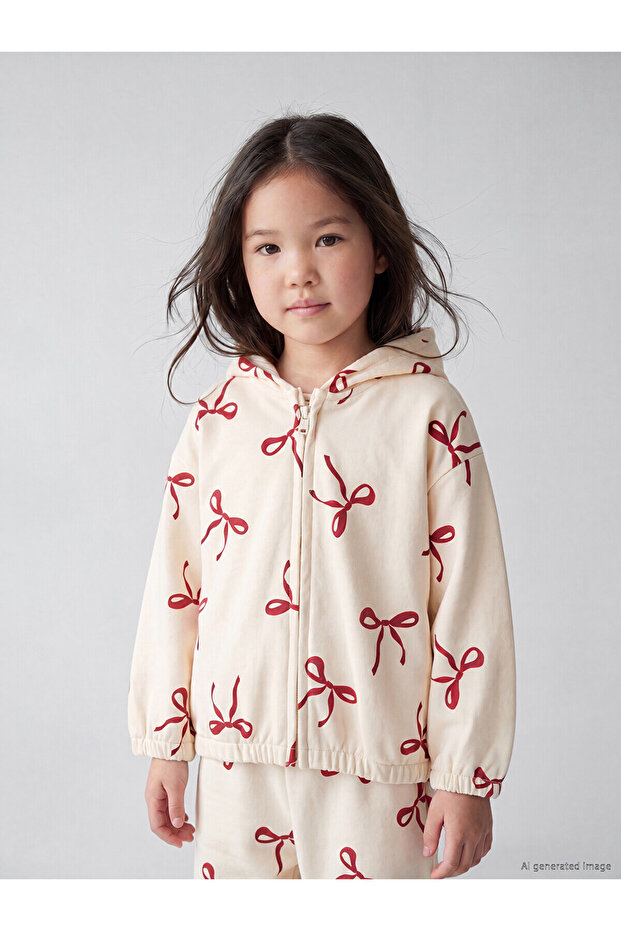 Two Mt Shop Quality Lcw Kids Ecru 3 Thread Patterned Standard & Regular Girls' Zippered Sweatshirt