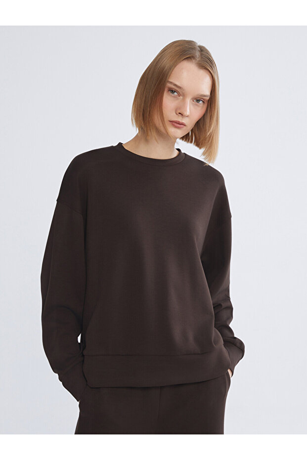 Xside Brown Crew Neck Oversize Women's Sweatshirt