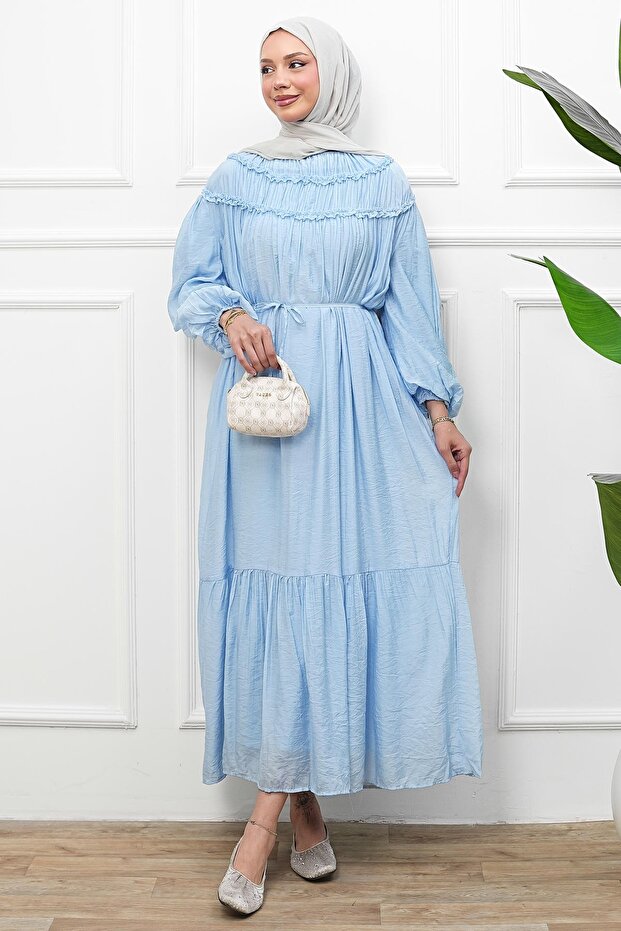 Baby Blue Collared Ruffled Waist Tie Dress