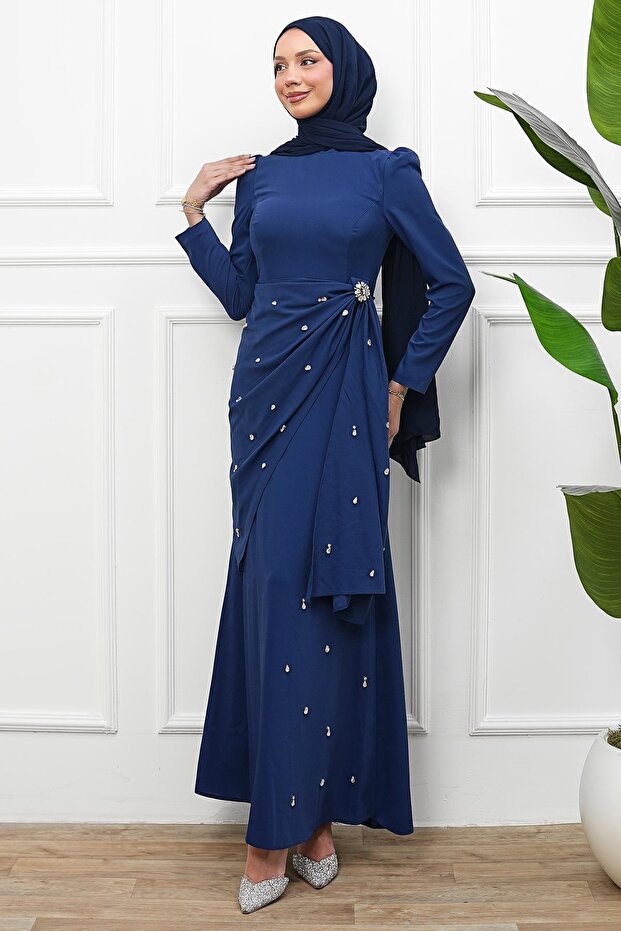 Navy Blue Waist Detailed Stoned Evening Dress