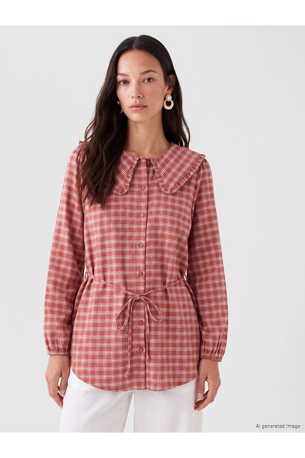 Alita City Farkıyla Lcw Everyday Burgundy Baby Collar Plaid Women's Shirt Tunic
