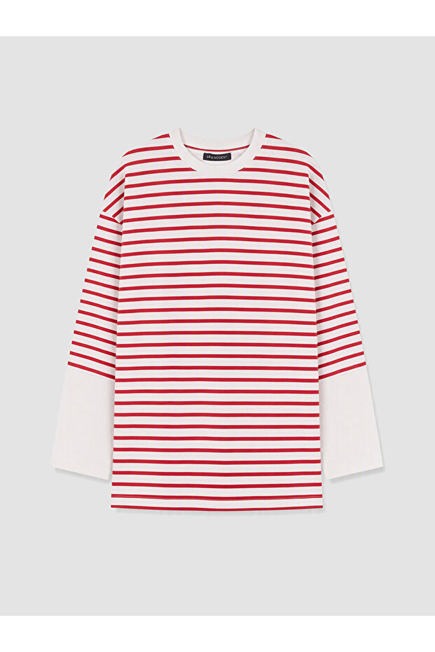 Lcw Modest Red Crew Neck Striped Women's Tunic