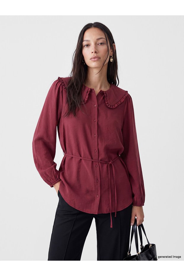 Two Mt Shop Quality Lcw Everyday Burgundy Baby Collar Modal Blend Women's Shirt Tunic