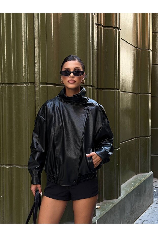 High Collar Textured Oversize Leather Jacket