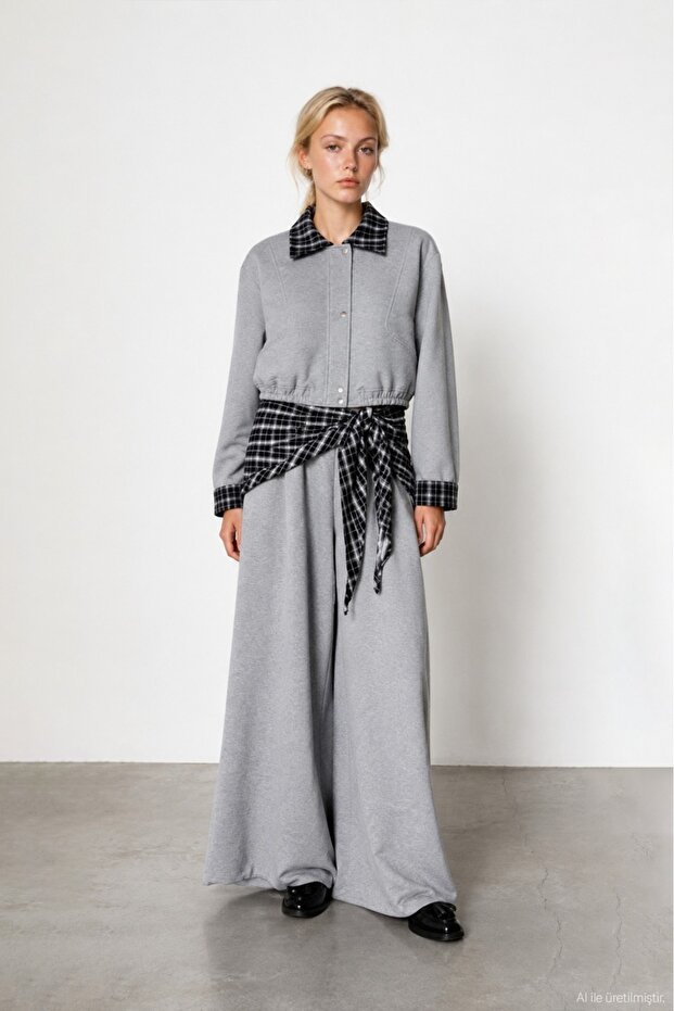 Gray Plaid Detailed Wide Leg Trousers