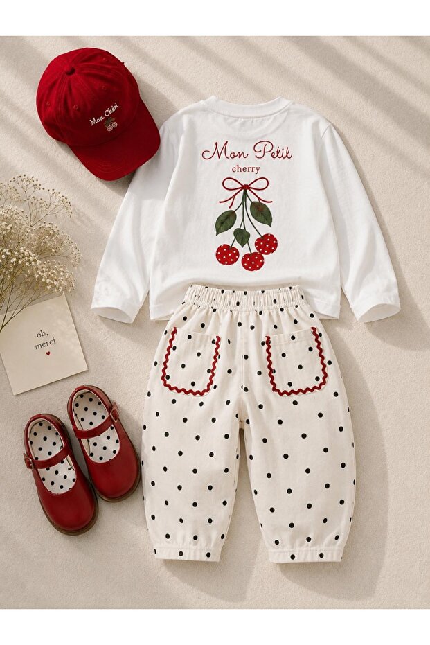 Girl's oversized pinterest-style cherry print outfit, ages 2-3/7-8