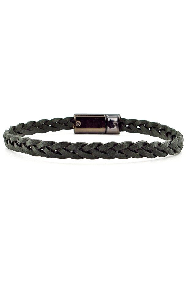 Khaki Green Braided Hard Leather Anthracite Metal Magnet Men's Bracelet M061B
