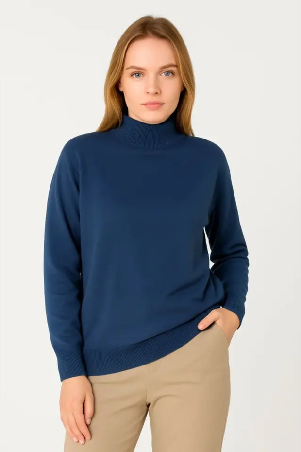 Half Turtleneck Knitwear Sweater Soft Textured Cotton Fine Weave, Long Sleeve Comfortable Regular Fit - Indigo