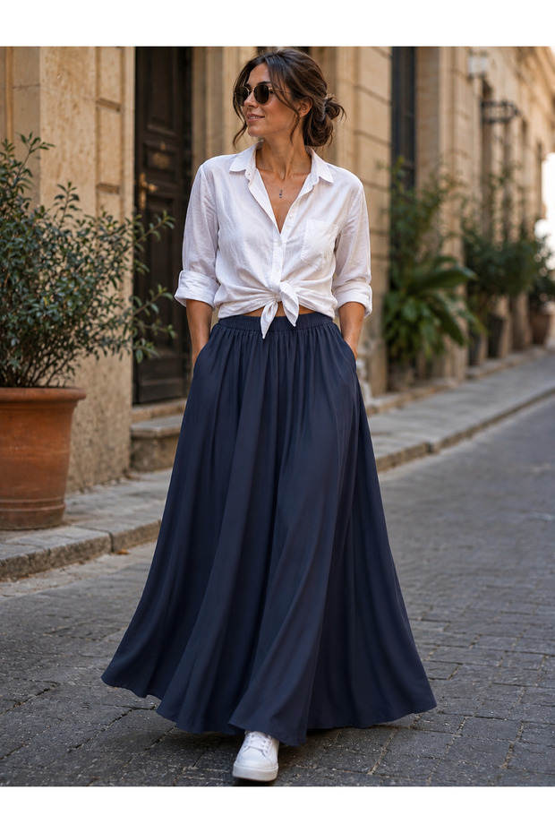 Gabardine Flat Navy Blue Color Skirt with Hidden Pockets, Elastic Waist, 95 cm Length, Maxi Flared Skirt