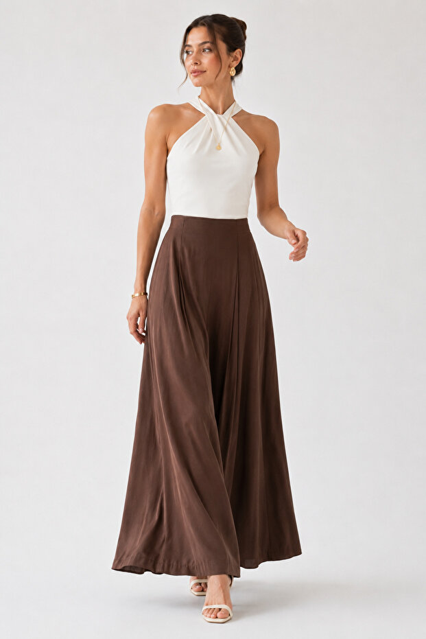 Women's Tencel Elastic Waist Double Pocket Skirt-Looking Pants