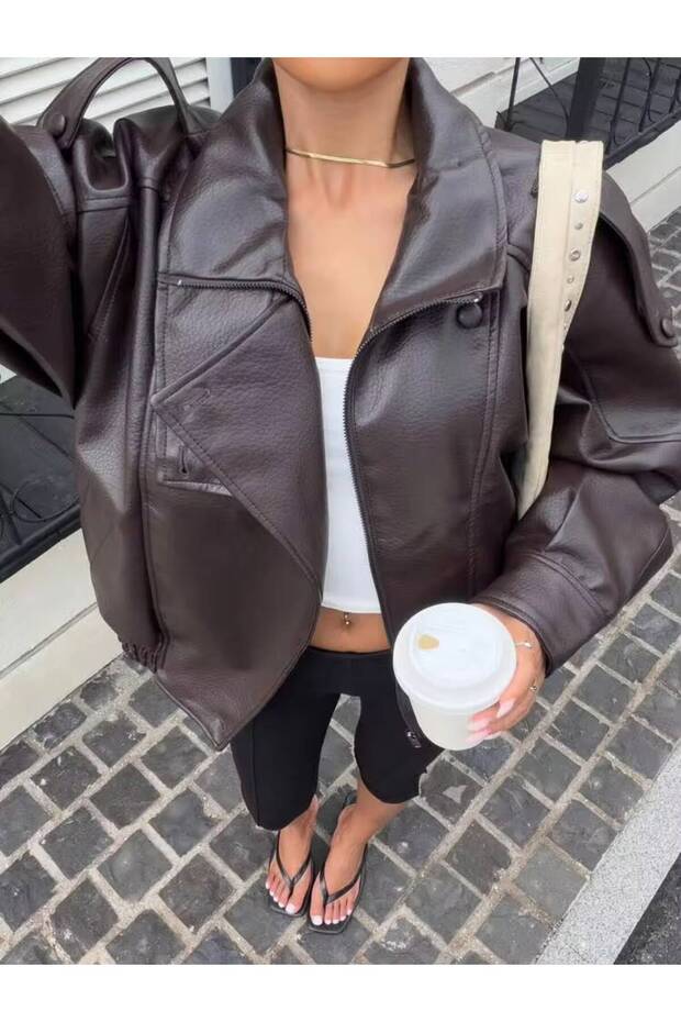 New Season Women's Zra Oversize Stand Collar Leather Jacket