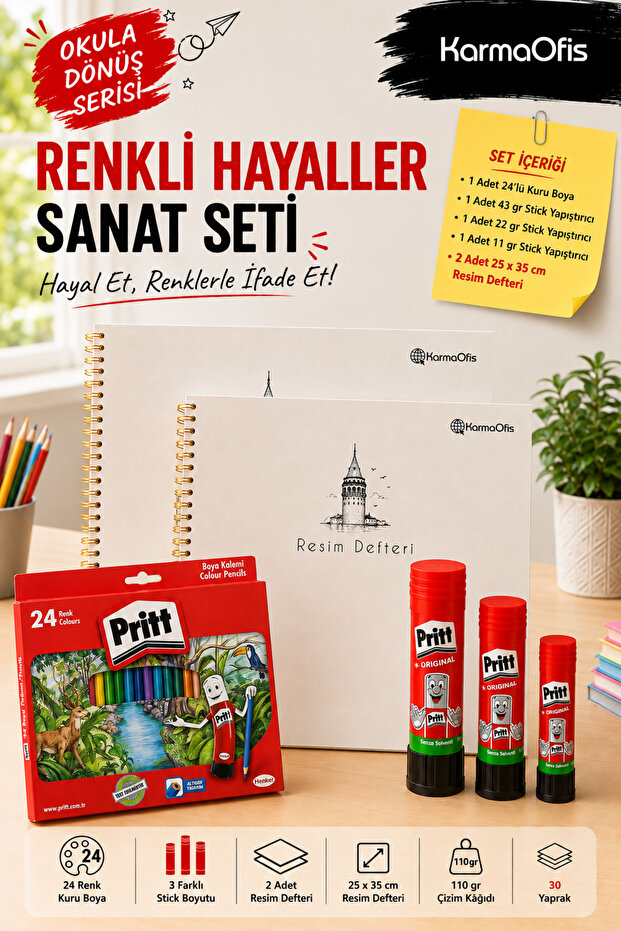 24 Colors of Dry Paint + 3 Different Weighted Stick Adhesives + 2 Pieces of 110 Gr 25X35 cm Drawing Pads