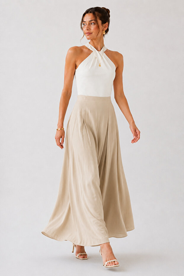 Women's Tencel Elastic Waist Double Pocket Skirt-Looking Pants