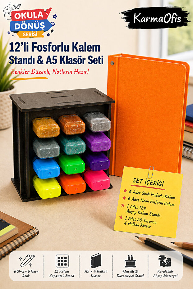 12-Pack Highlighter Pen Stand and A5 4-Ring Orange Binder Set | 6 Glittery Pens + 6 Neon Highlighters, Wooden Desktop Stand