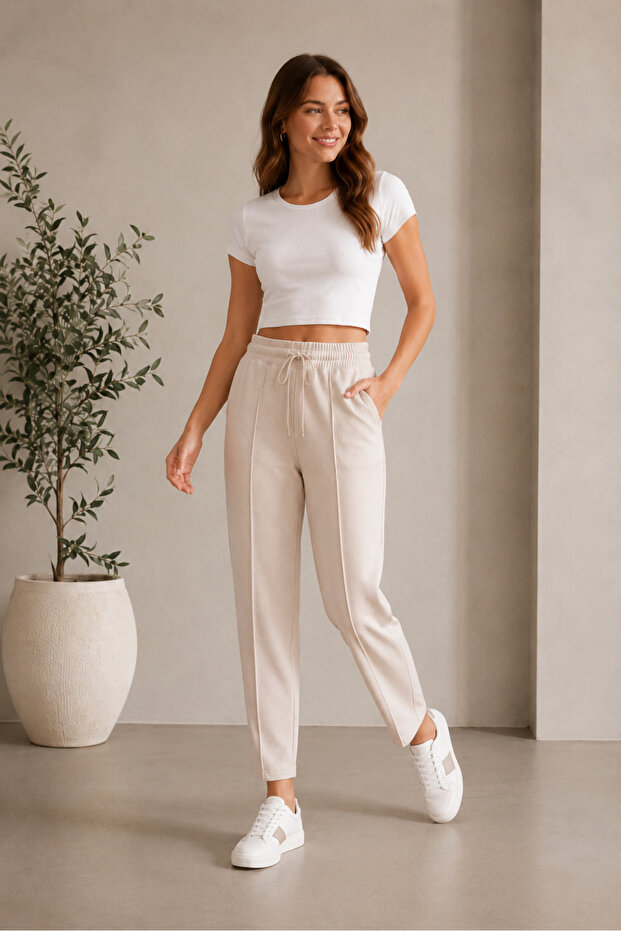 Black Modal Fabric Balloon Model Ribbed Front Comfortable Fit Pants
