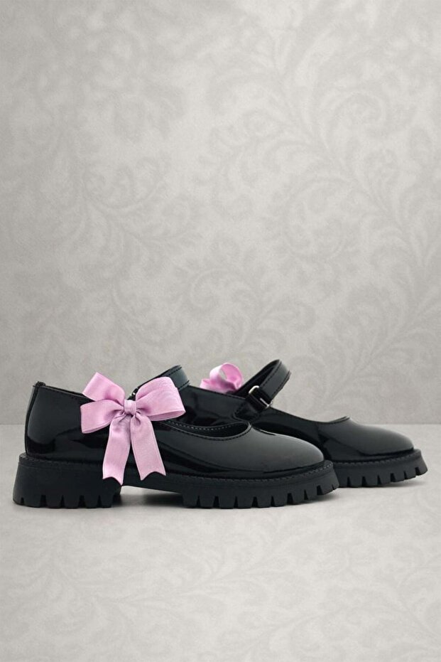 Rakerplus 120-Srdtx Black Patent Leather Velcro Thick Sole Ribbon Girls' School Shoes