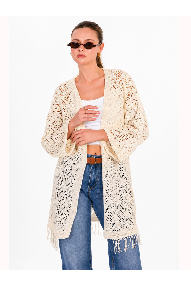 Women's Openwork Knitted Long Loose Cardigan with Tassel Detail