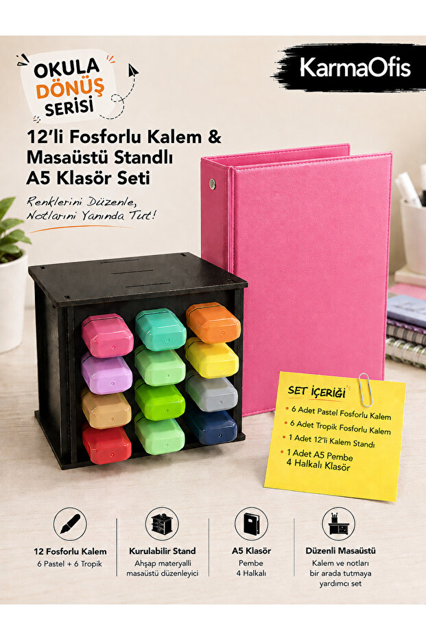 12-Piece Highlighter Pen Set + Wooden Desktop Stand + A5 4-Ring Pink Folder | | 6 Pastel + 6 Tropik Pencils