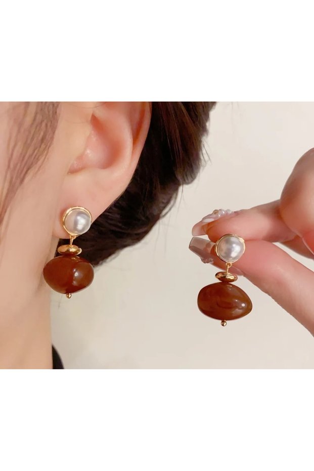 Women's Gold Color Pearl and Amber Brown Stone Dangle Stylish Earrings