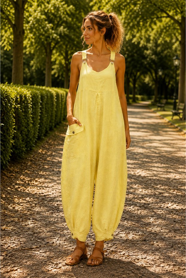 Lemon Flower Light Yellow Color Bohemian Italian Linen Shalwar Jumpsuit with Pocket Detail
