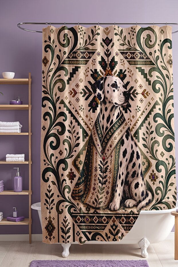 Green Poodle Dalmatian Dog Patterned Shower Curtain, Bathtub Curtain 175X200Cm
