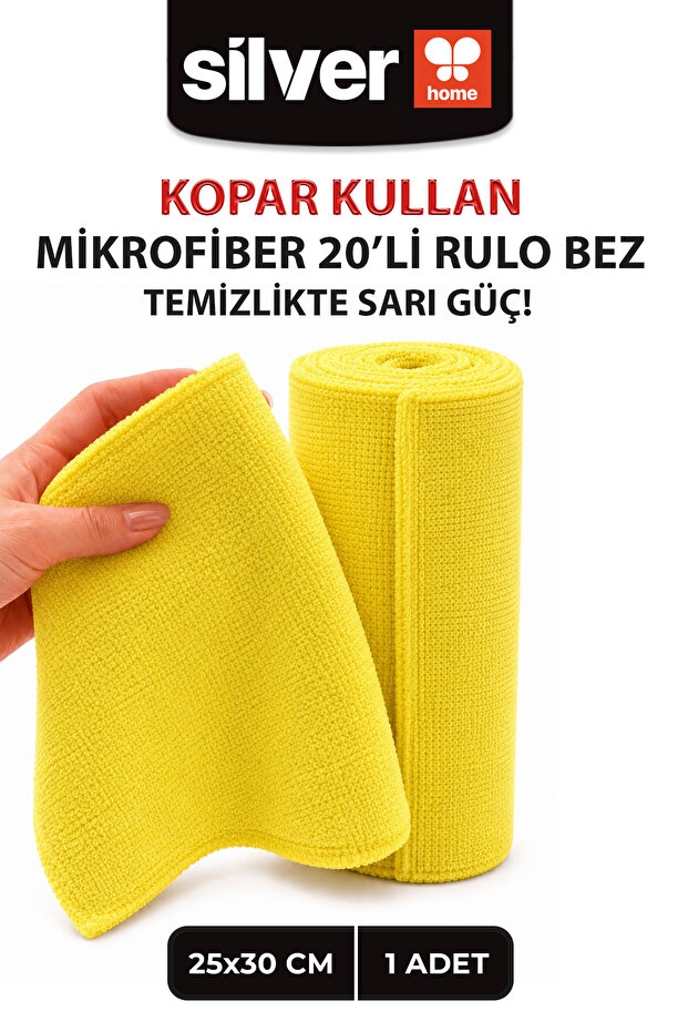 Roll of 20 Microfiber Cleaning Cloths 25X30 cm Multi-Purpose Laser Cut Super Absorbent Use and Throw Yellow