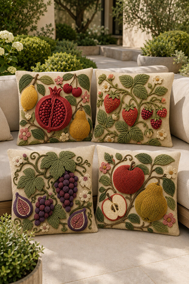 3D Knitted Look Fruit and Flower Patterned Digital Printed Decorative Throw Pillow Cover – (Double-Sided)