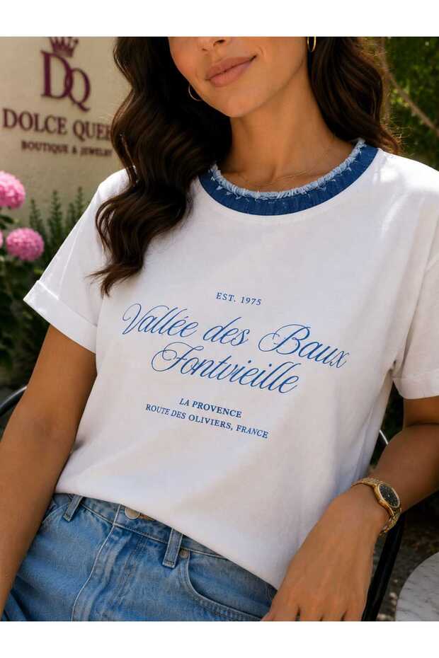 Women's Ecru Blue Cotton T-Shirt with Written Collar and Embroidery Detail