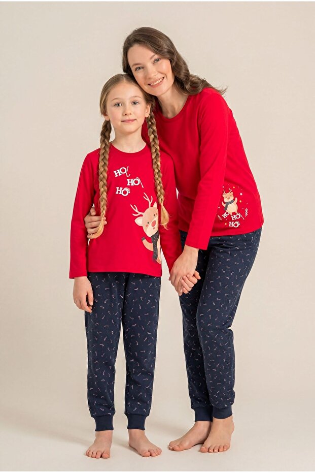 Mother&Daughter Long Sleeve Christmas Themed Red Pajama Set (Mother and Child Sold Separately) (with Socks as a Gift)