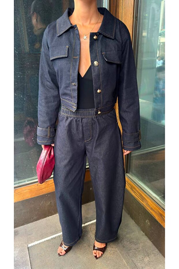 Women's Lined Denim Buttoned Jacket & Elastic Waist Pants Top and Bottom Set