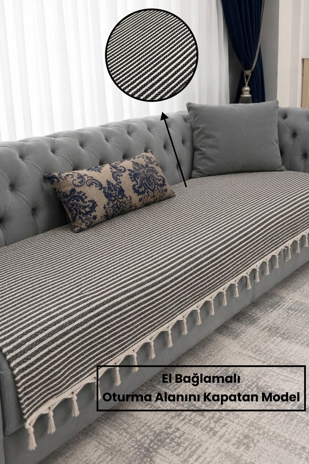 Brk | Cotton Hand-Tied Non-Slip Bohemian Seating Area Covering Washable Sofa Cover Single&Double&Triple 115X210 Modern Sofa Bed Cover, Armchair Cover, Sofa Shawl Anthracite