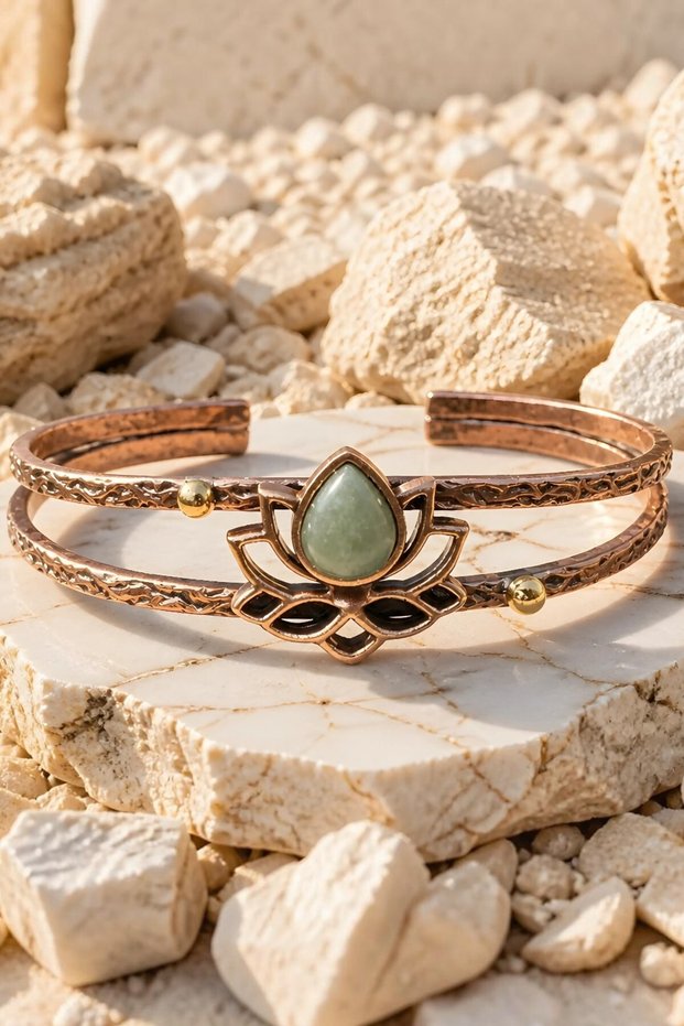 Aventurine Natural Stone Pure Copper Lotus Flower Bracelet – Special Design Adjustable