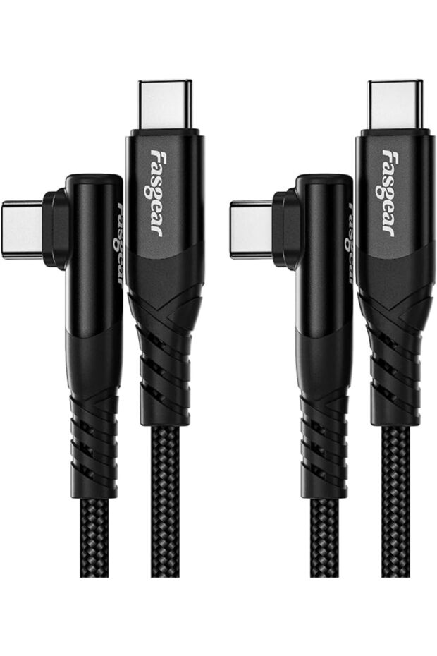 فاسجير كيبل USB C الى USB C، عبوة من قطعتين 1.8 متر 60 واط نوع C الى نوع C بزاوية قائمة 90 درجة، شاح