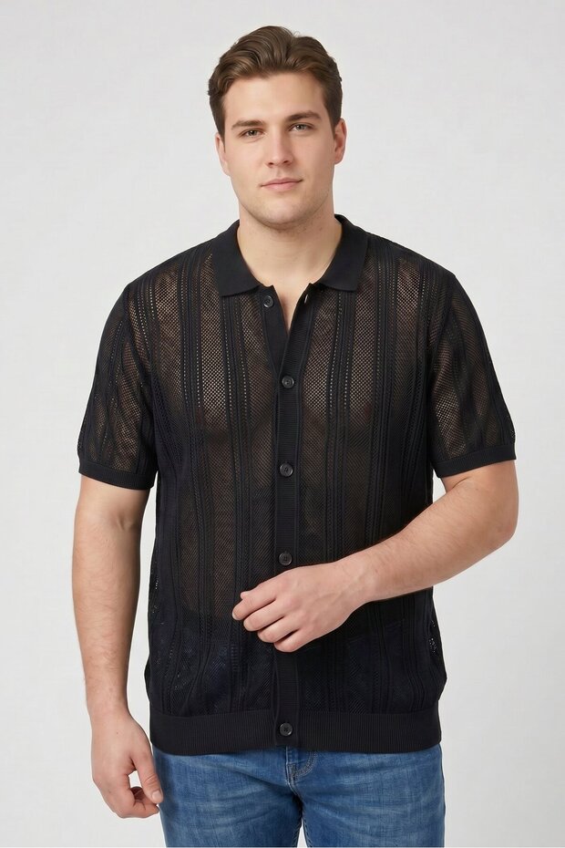 Men Regular Fit Textured Short Sleeve Casual Shirt, Midnight Navy