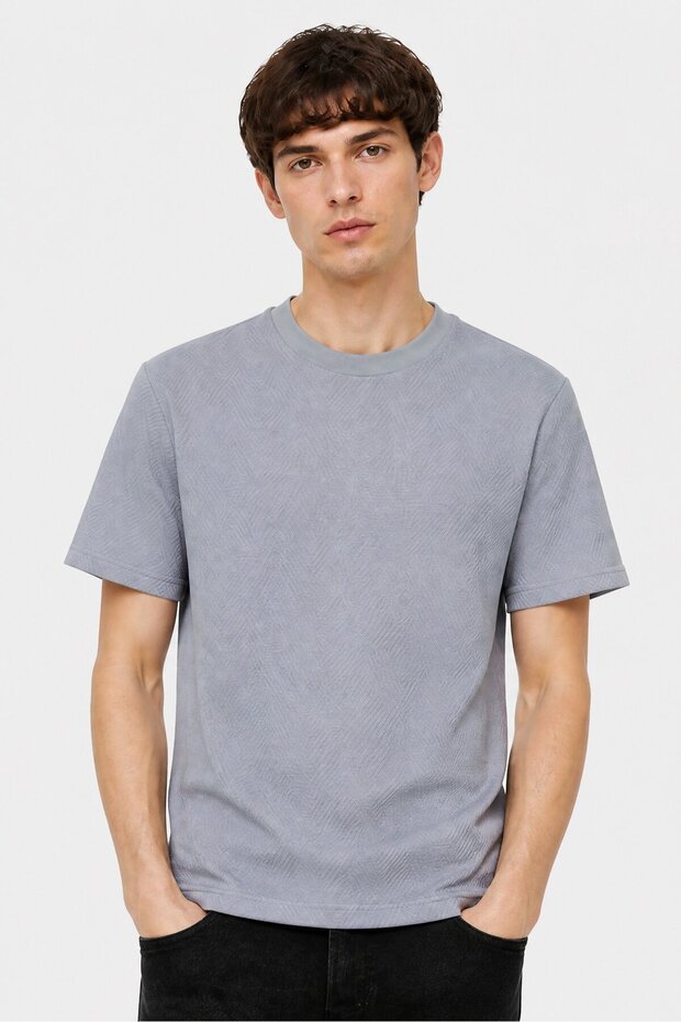 Men Crew Neck Short Sleeve Chevron Pattern T-Shirt, Light Slate Blue