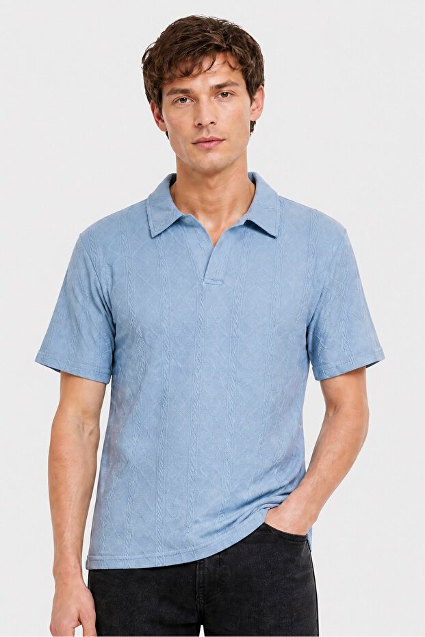 Men Regular Fit Textured Short Sleeve Polo Shirt, Slate Blue